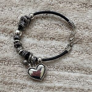 RMN Silvertone Silver Charm Bracelet Black Cord Heart Lobster Claw